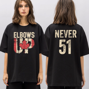 Elbows Up Never 51 Shirt – Vintage Canada Tee with Maple Leaf Graphic and Patriotic Protest Message - Image 4