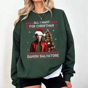 All I Want For Christmas Is Damon Salvatore Ugly Xmas Holiday Sweatshirt and Hoodie - Image 3